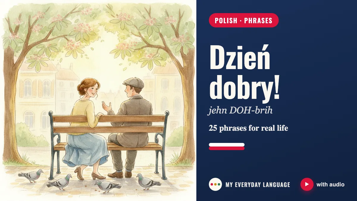 Dzień dobry! — 25 phrases for real life: illustrated Polish lesson scene by My Everyday Language