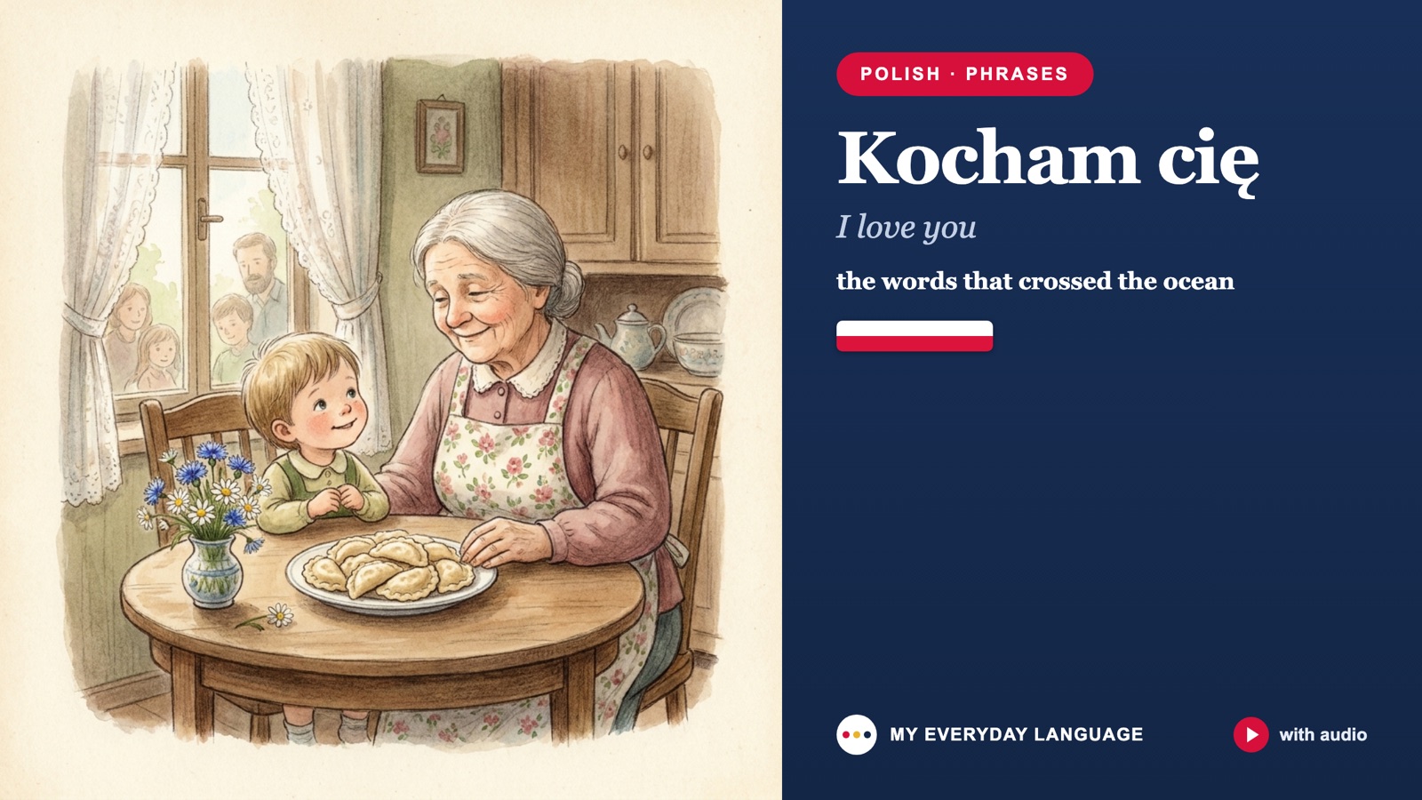 Kocham cię — I love you: illustrated Polish lesson scene by My Everyday Language